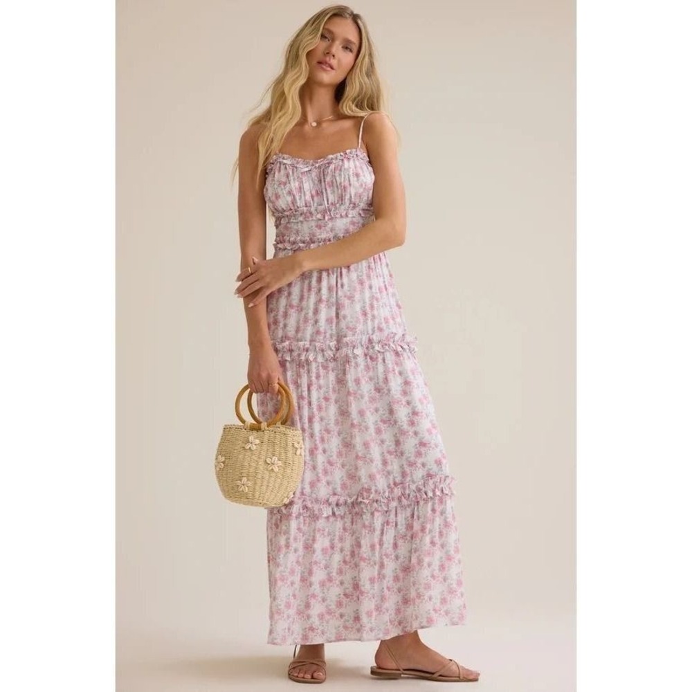 Altar'd State Floral Smocked Tiered Maxi Dress Ruffle Spaghetti Strap Size Small